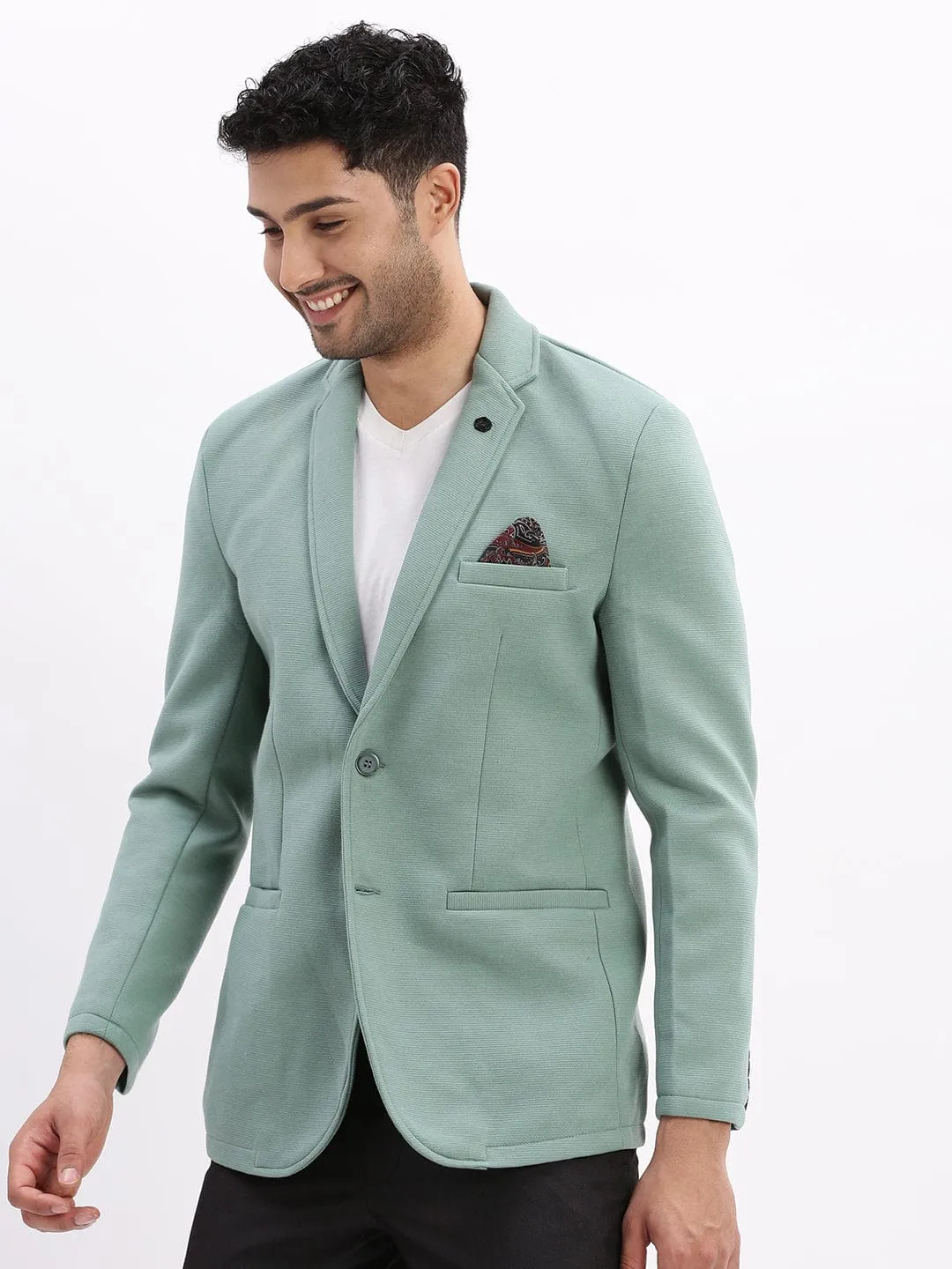 Men's Sea Green Slim-Fit Single-Breasted Notched Lapel Collar Casual Blazer Sunday Walk Style Stretch Fit