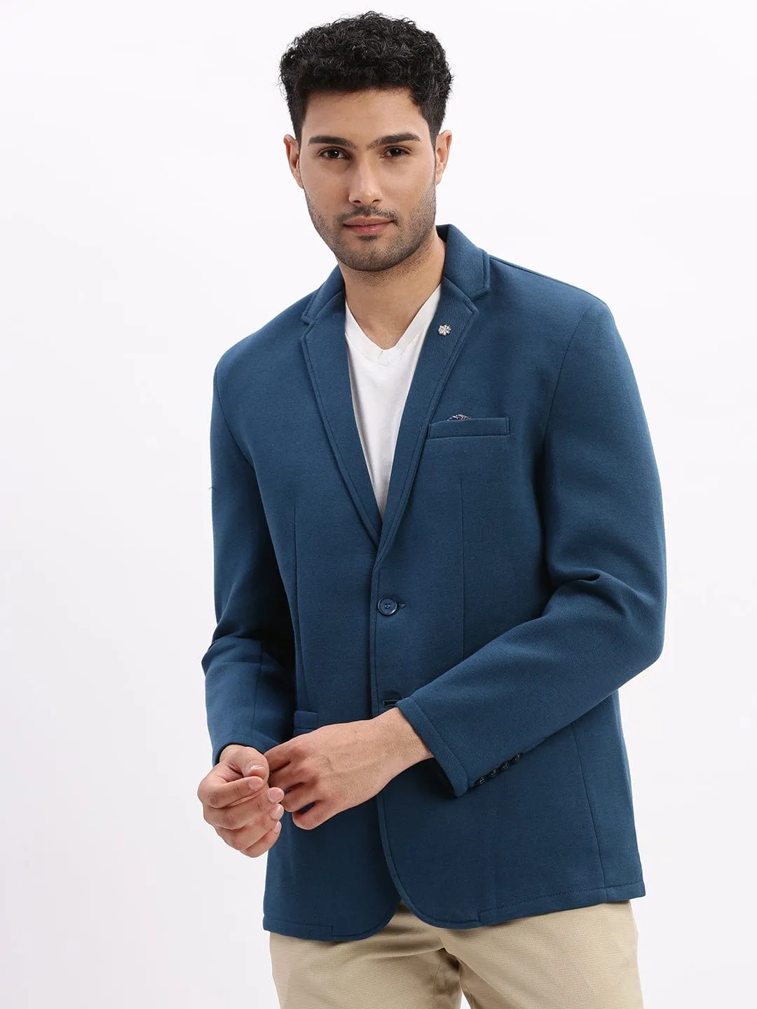 Heat Reflective Layer Effortless Travel Wear Men's Teal Notched Lapel Slim Fit Cotton Single Breasted Blazer