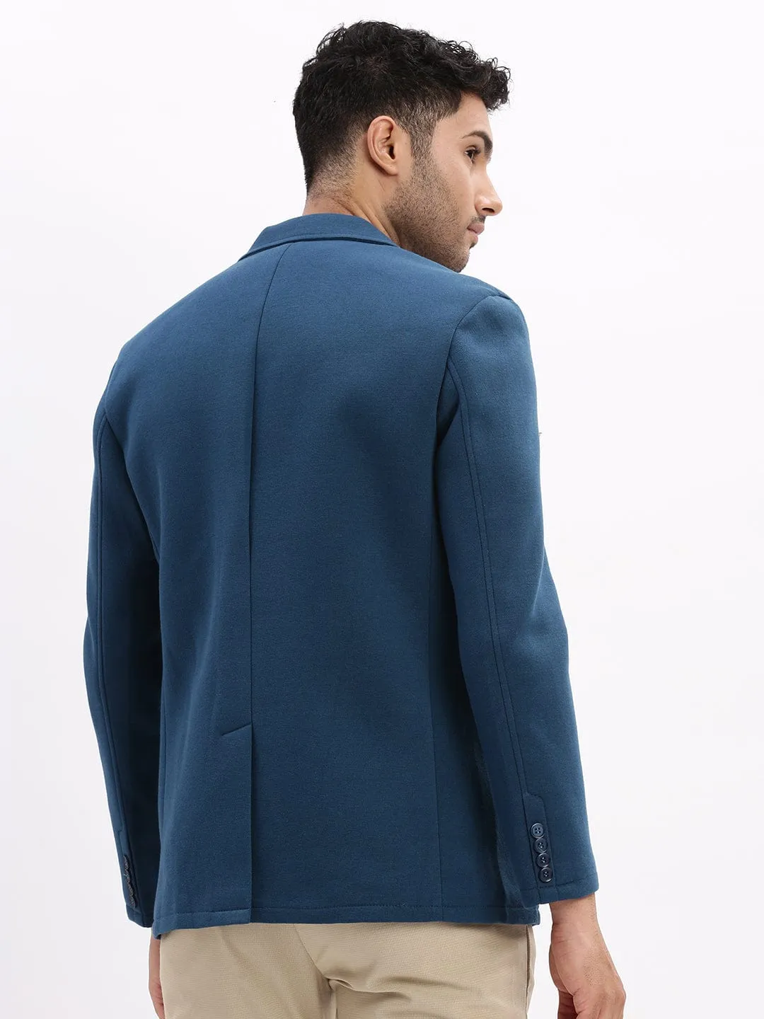 Windproof Inner Layer Ergonomic Drape Men's Teal Notched Lapel Slim Fit Cotton Single Breasted Blazer