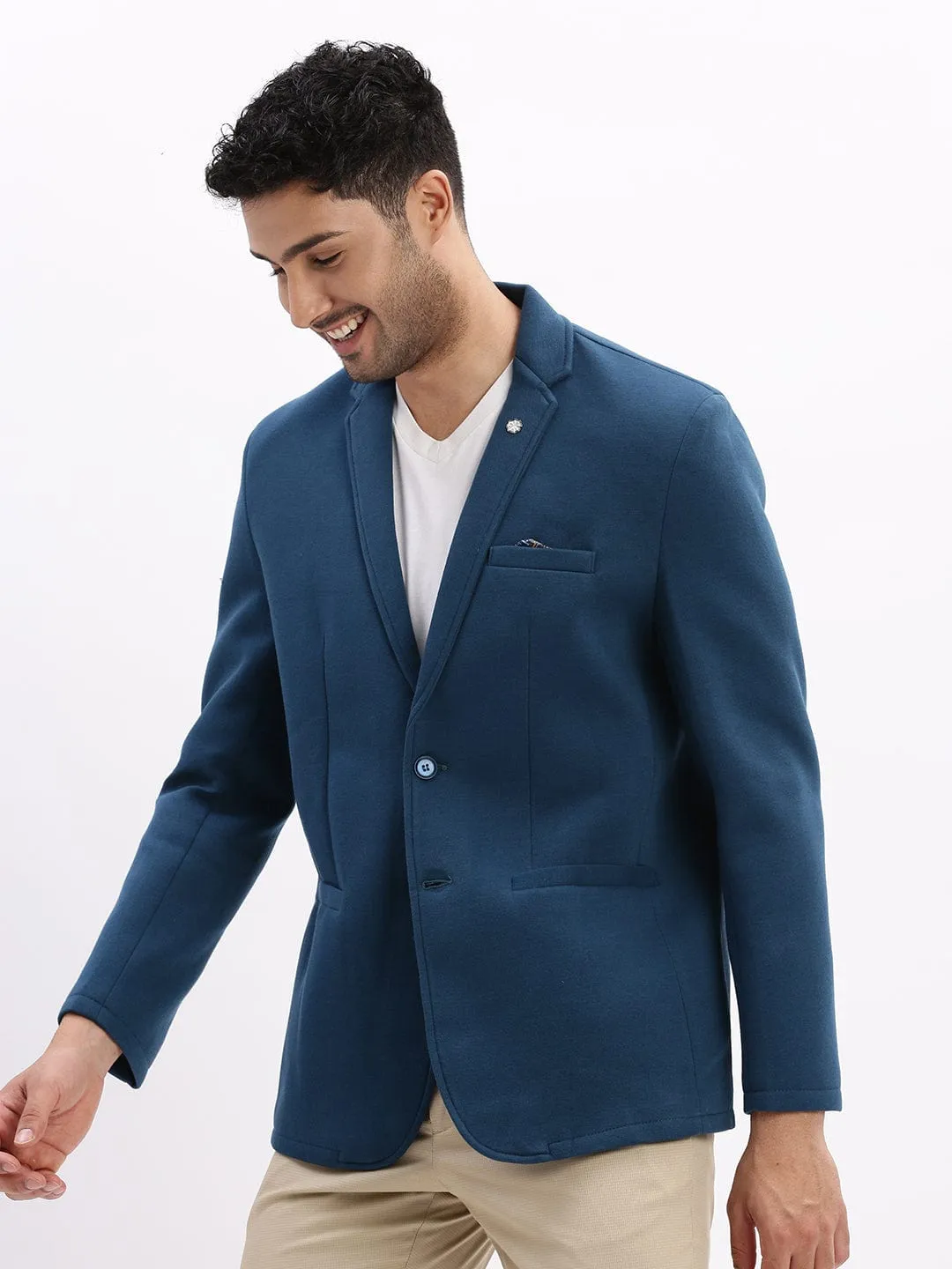 Men's Teal Notched Lapel Slim Fit Cotton Single Breasted Blazer Long Sleeves All Season Performance Weave