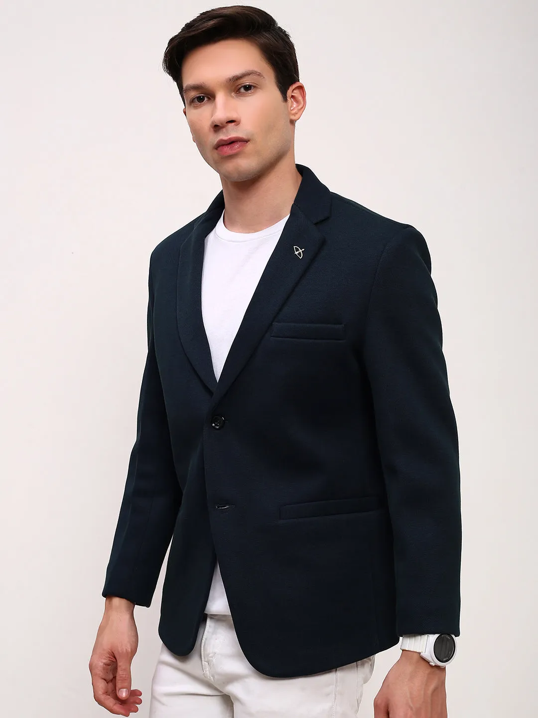 Men's Teal Self Design Slim Fit Single-Breasted Cotton Blazer Outdoor Activity