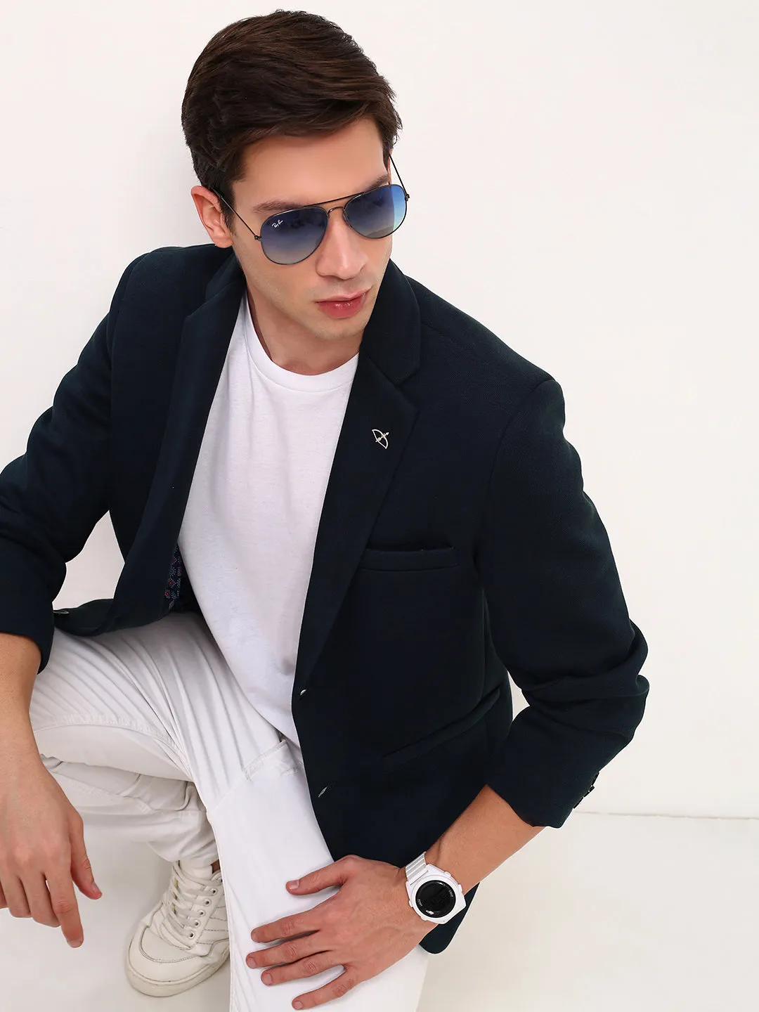 Hypoallergenic Textile Men's Teal Self Design Slim Fit Single-Breasted Cotton Blazer