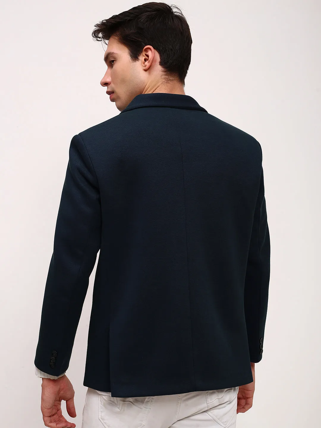 clean design Men's Teal Self Design Slim Fit Single-Breasted Cotton Blazer