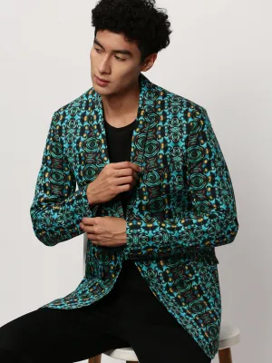 Stylish Outer Layer Lightweight Windbreaker Tech Men's Turquoise Blue Printed Slim-Fit Cotton Single Breasted Blazer