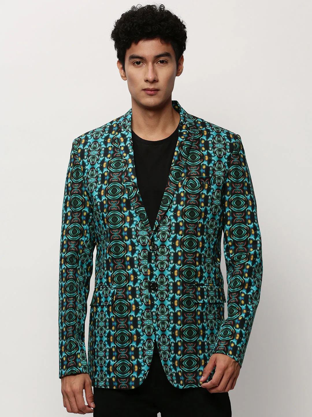 Men's Turquoise Blue Printed Slim-Fit Cotton Single Breasted Blazer Glow In The Dark Accents Anti Pill Fabric Tech