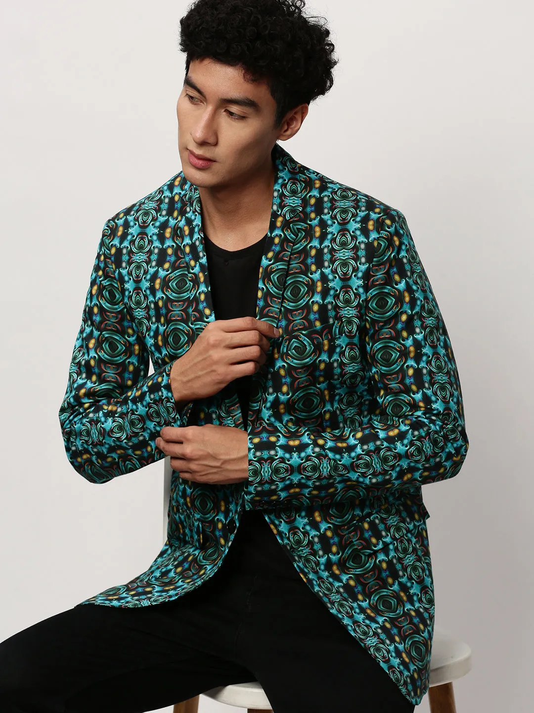 Stylish Outer Layer Lightweight Windbreaker Tech Men's Turquoise Blue Printed Slim-Fit Cotton Single Breasted Blazer