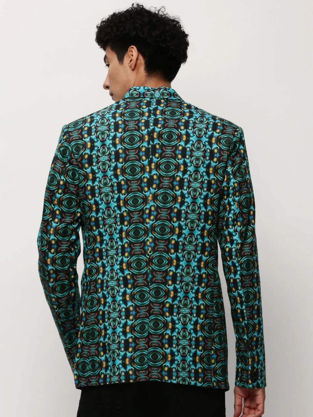 Men's Turquoise Blue Printed Slim-Fit Cotton Single Breasted Blazer Water Resistant Design