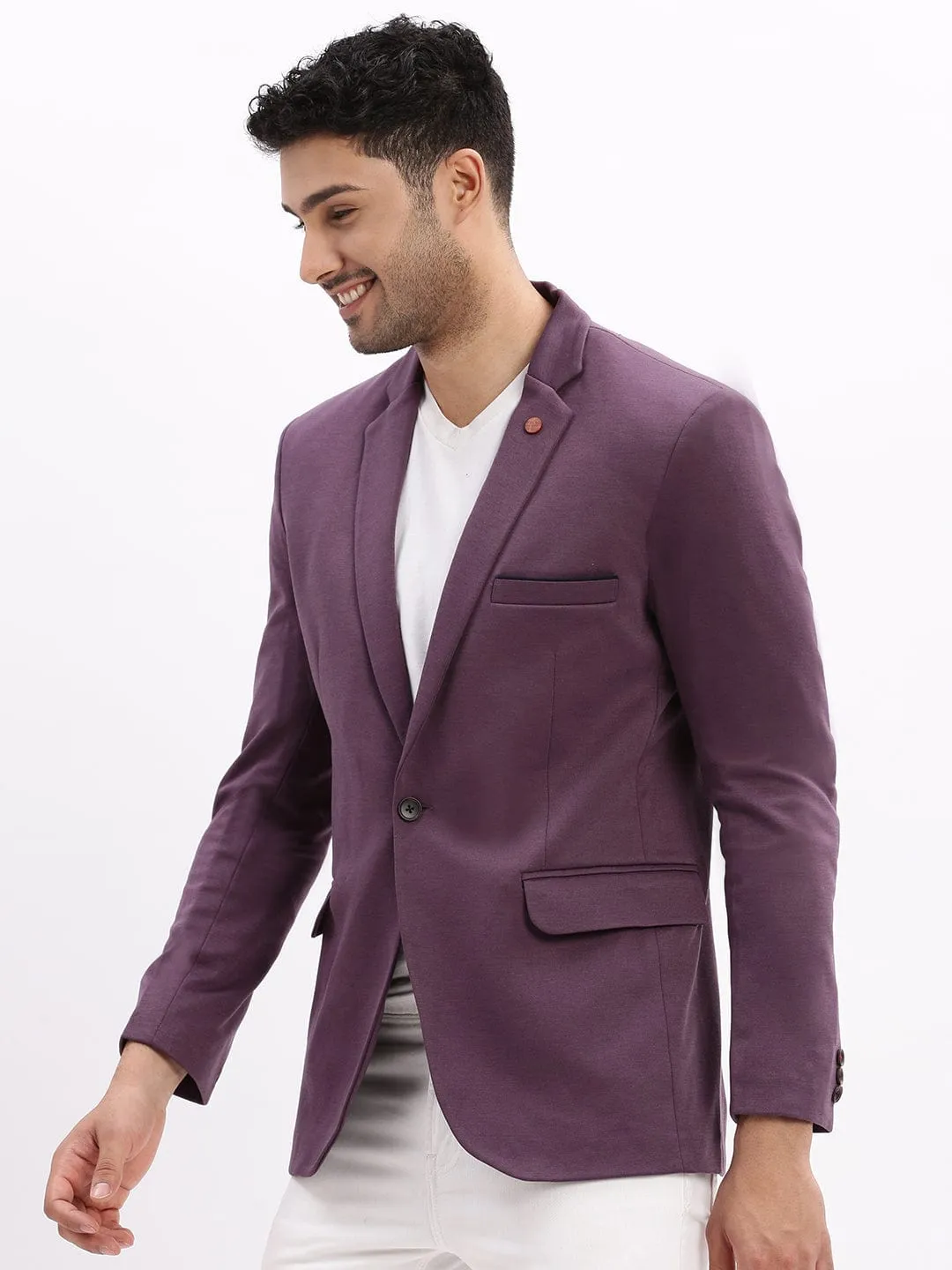 Sporty Touch Layered Comfort Look Men's Violet Slim-Fit Single Breasted Notched Lapel Collar Cotton Casual Blazer