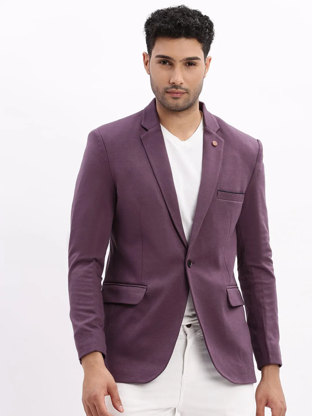 Men's Violet Slim-Fit Single Breasted Notched Lapel Collar Cotton Casual Blazer Tear Resistant Fabric Blends Simple Outer
