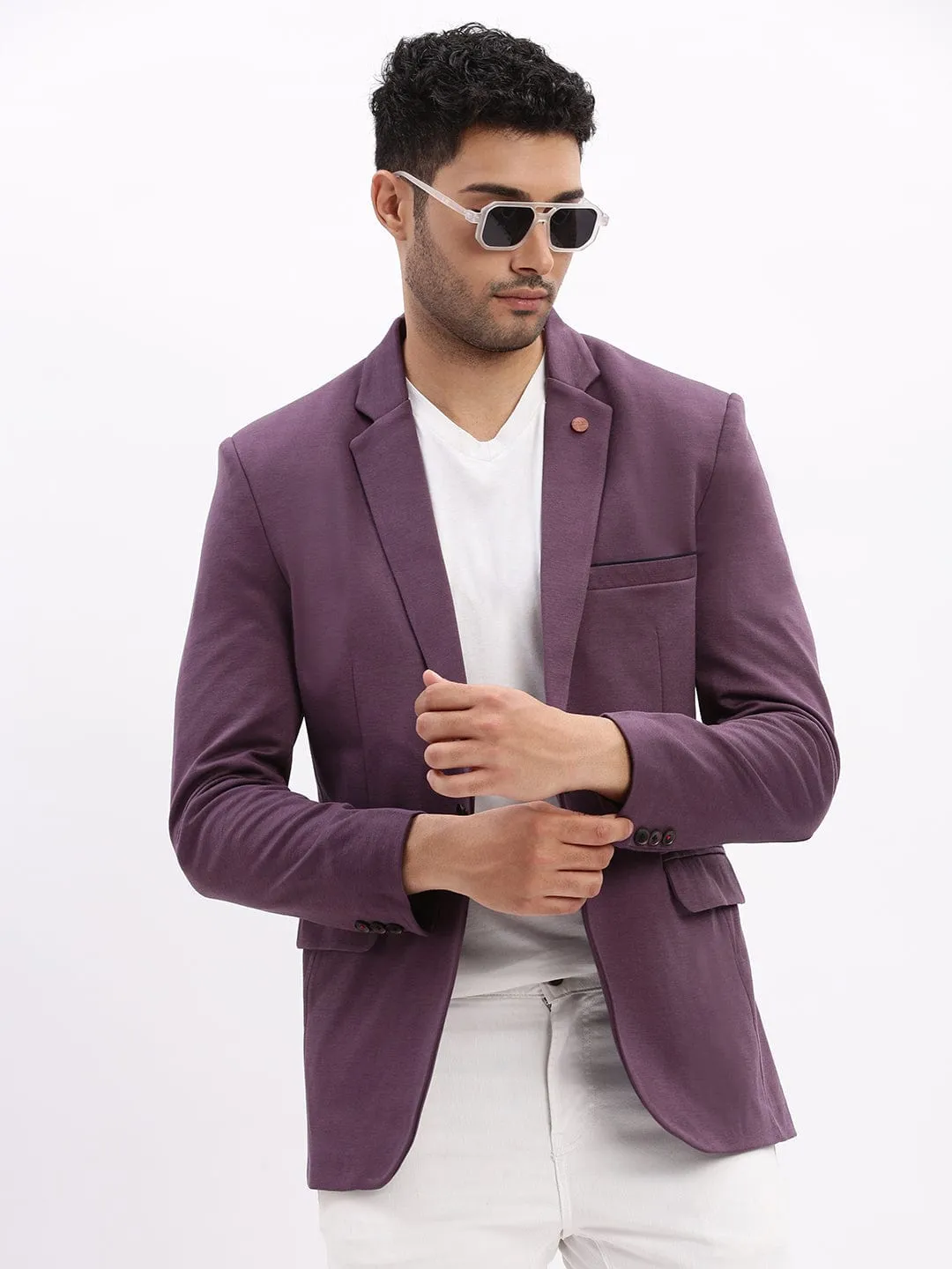 Men's Violet Slim-Fit Single Breasted Notched Lapel Collar Cotton Casual Blazer Cozy Design Long Lasting Shape Retention