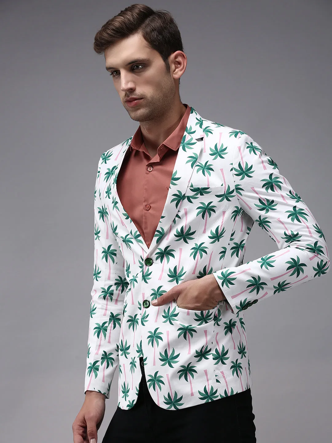 Anti Pilling Technology Teflon Coated Men's White Printed Single Breasted Blazers