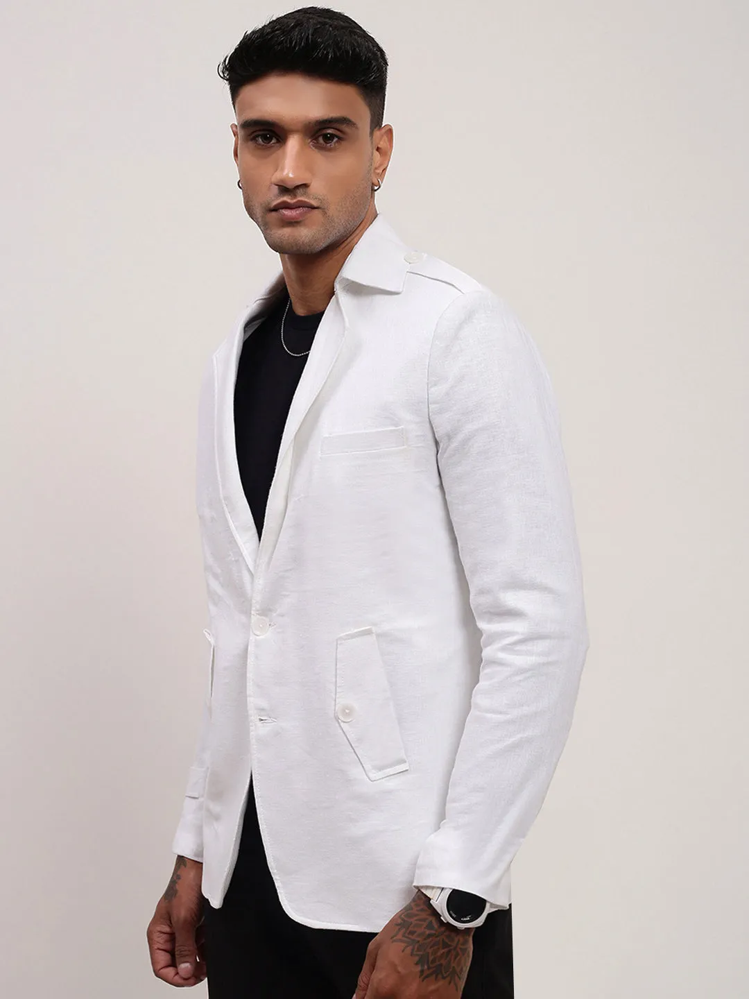 Men's White Slim-Fit Notched Lapel Single-Breasted Cotton Blazer Cool Season