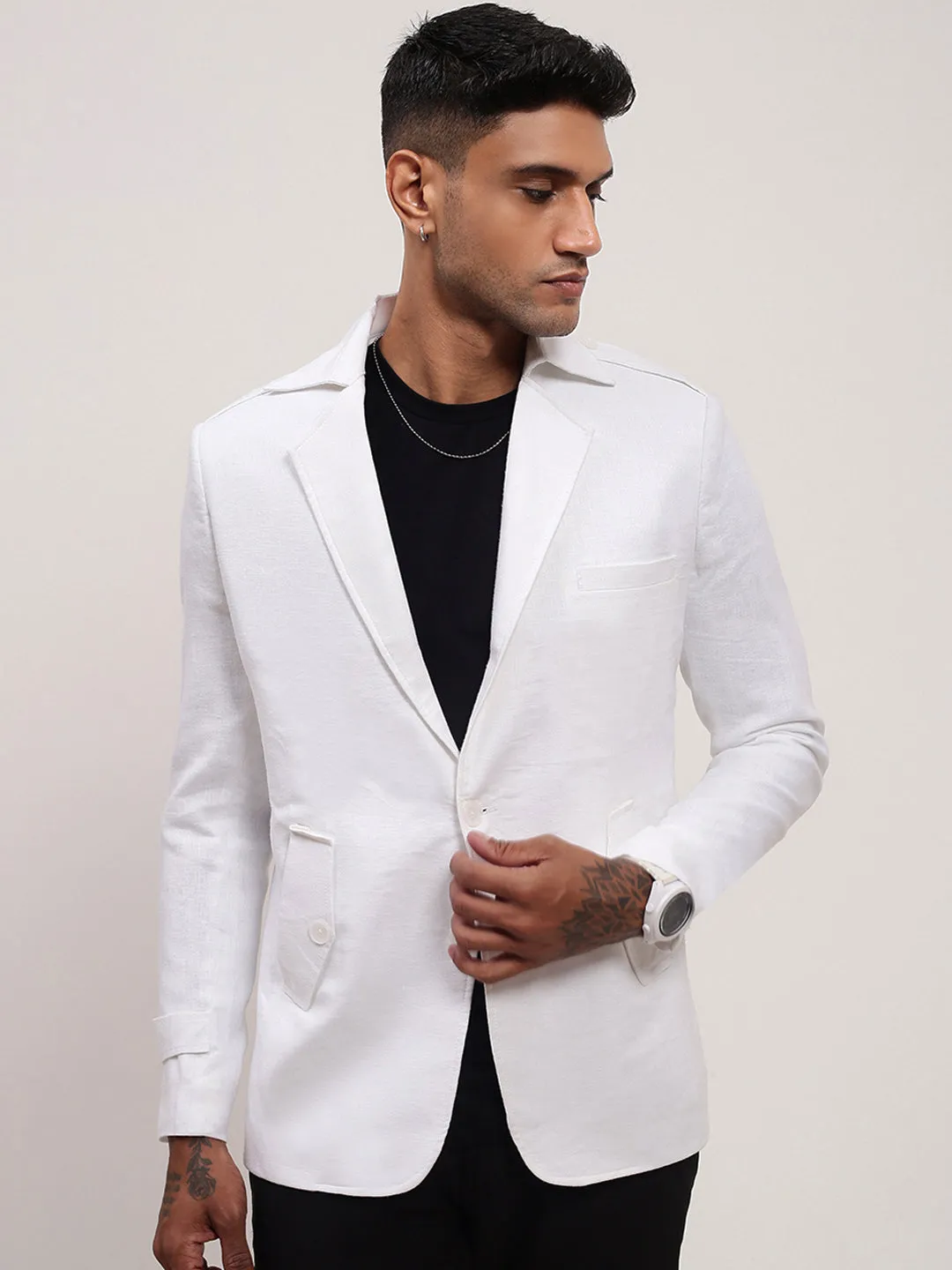 Men's White Slim-Fit Notched Lapel Single-Breasted Cotton Blazer All Weather Protection Transitional Wear