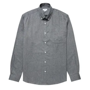 Sunspel Brushed Cotton Flannel Shirt Mid Grey Melange Neutral Tones