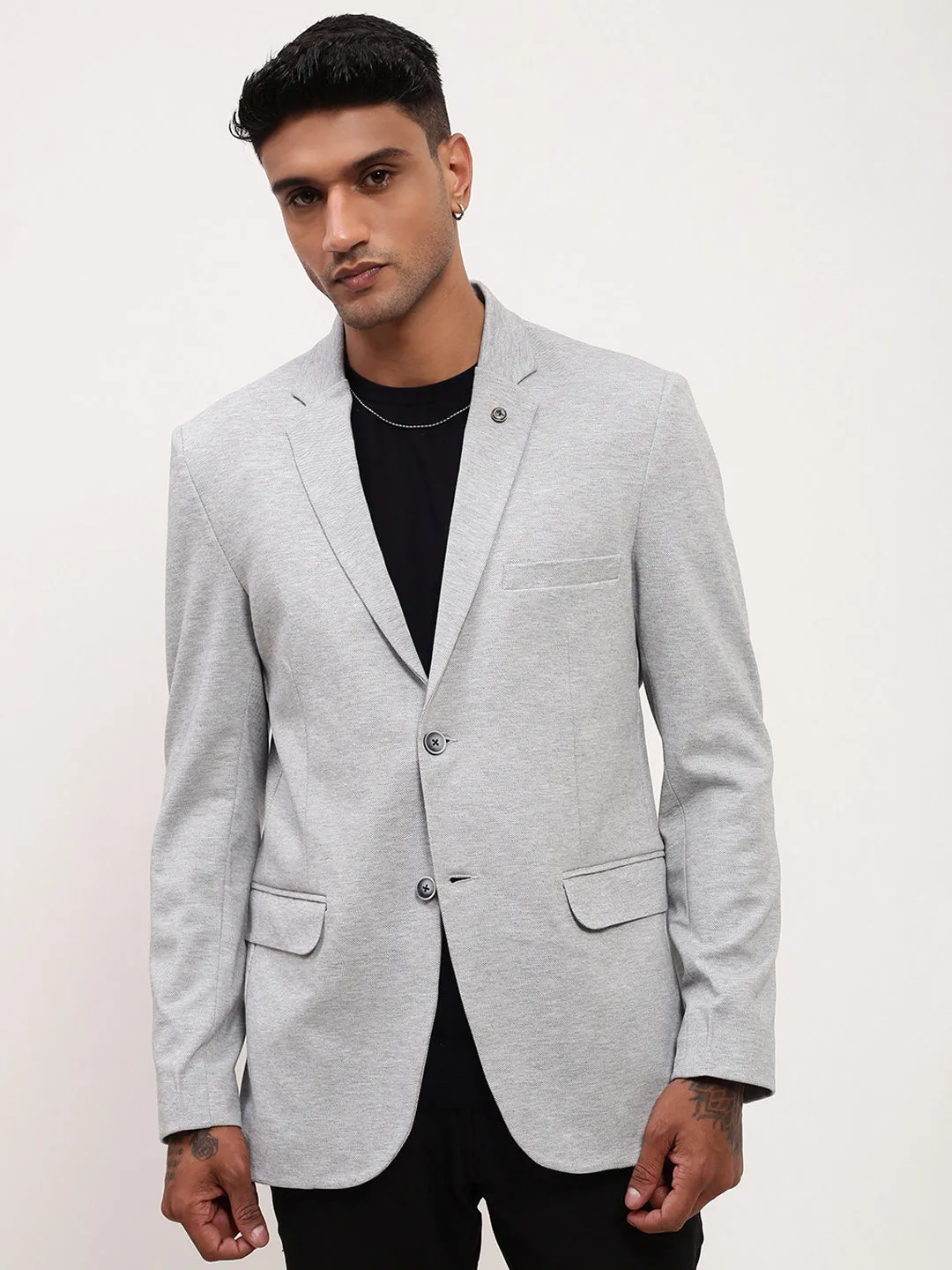 Men's Grey Solid Single Breasted Blazer Reinforced Shoulder Protection Reflective Detailing