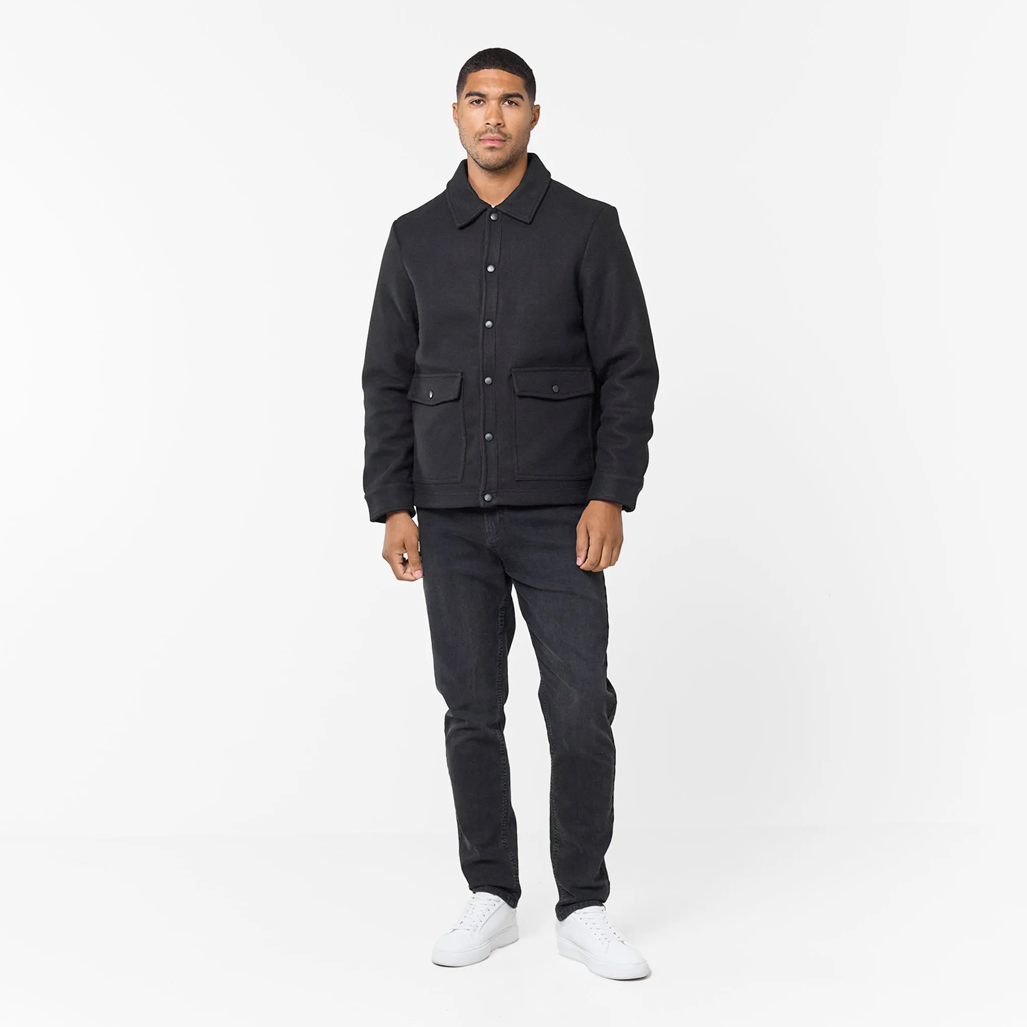 Wool Button Up Overshirt | Black Bonded Collars