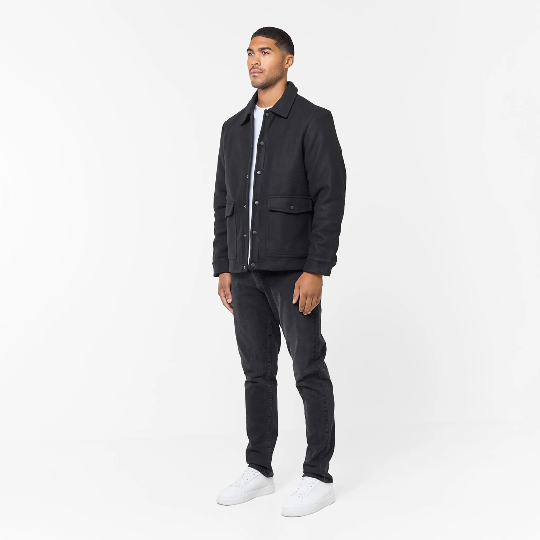 Poly Blend Weekend Casual Fit Wool Button Up Overshirt | Black