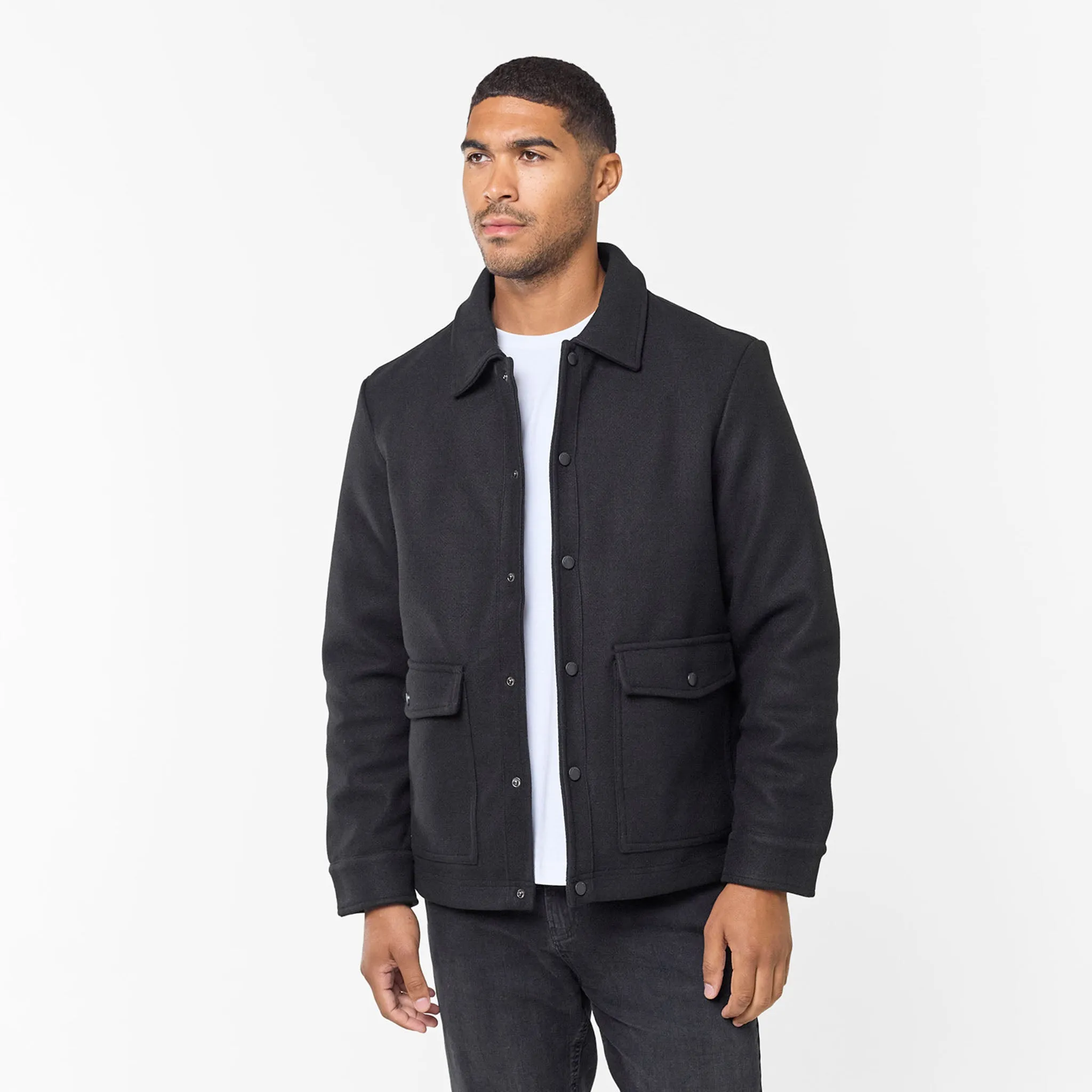 Tagless Neckline Design Embellished Trim Wool Button Up Overshirt | Black