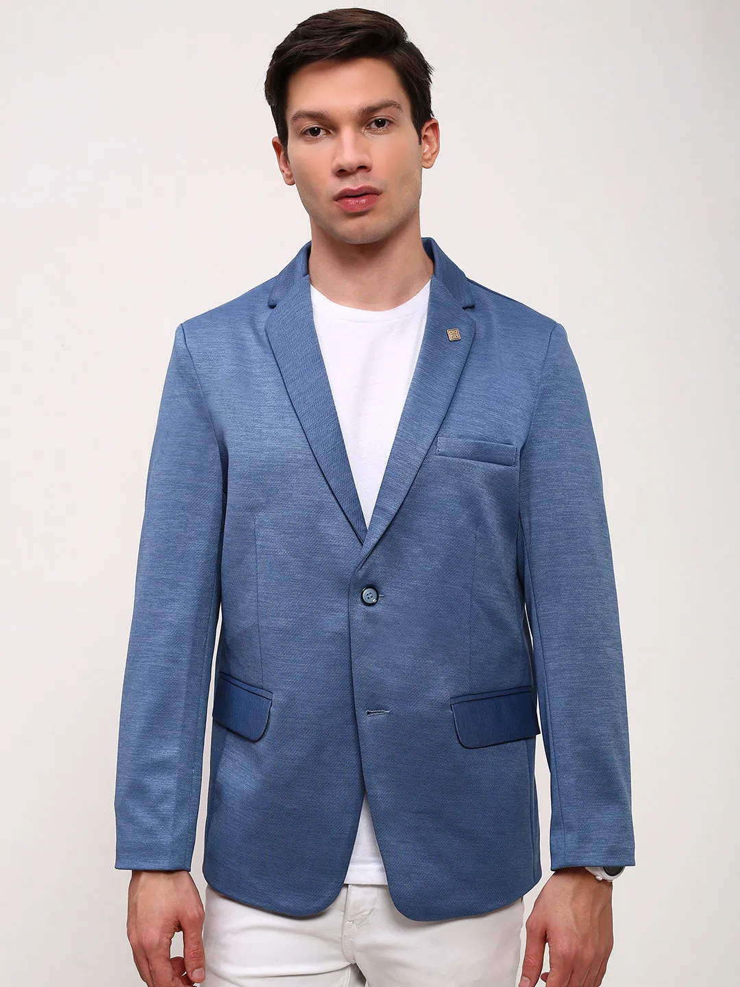 Heavyweight Fabric hypoallergenic material Men's Blue Solid Single Breasted Slim-Fit Blazer