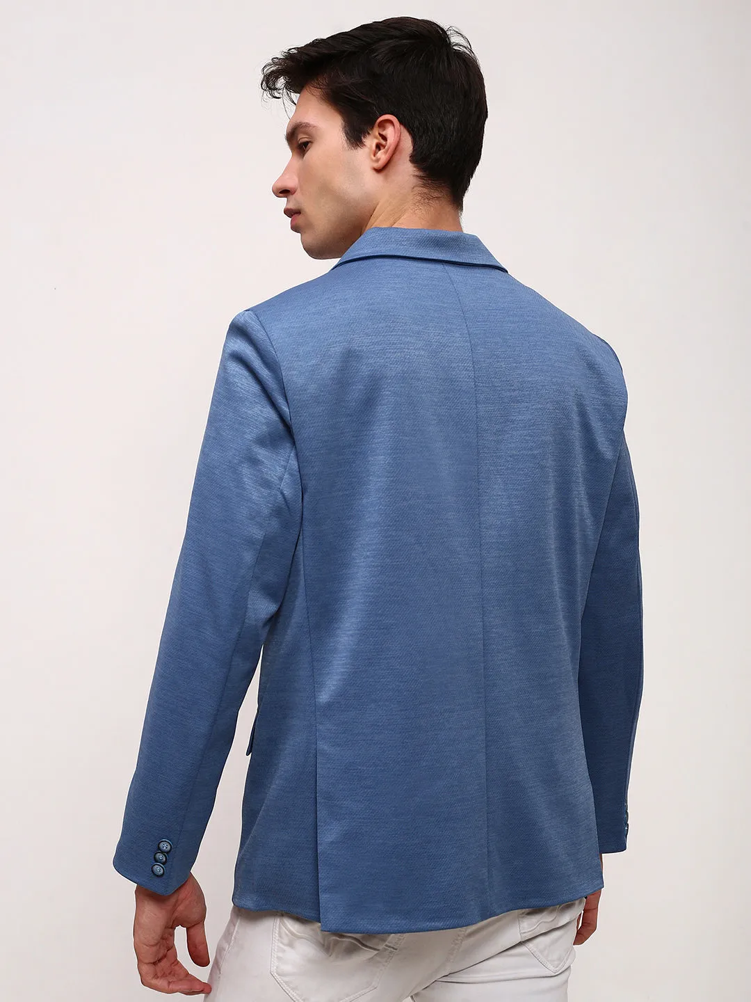 Men's Blue Solid Single Breasted Slim-Fit Blazer Abrasion Proof Shoulders Non Irritating Seams
