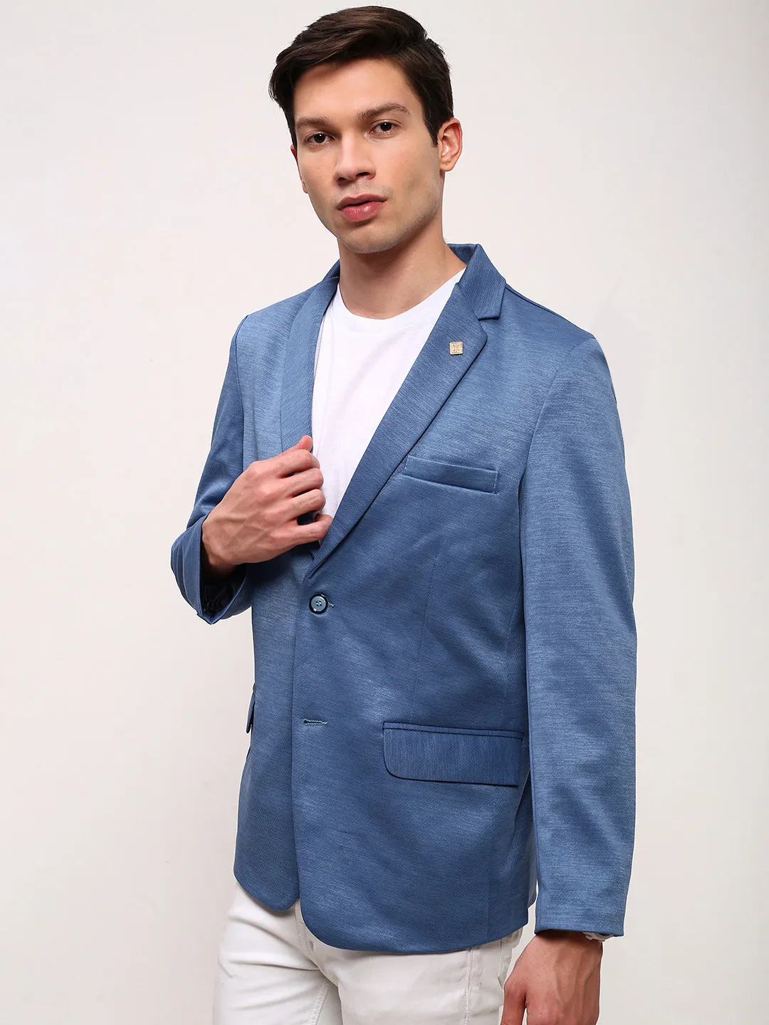 Men's Blue Solid Single Breasted Slim-Fit Blazer Cool Tone HeatRetentionTechnology