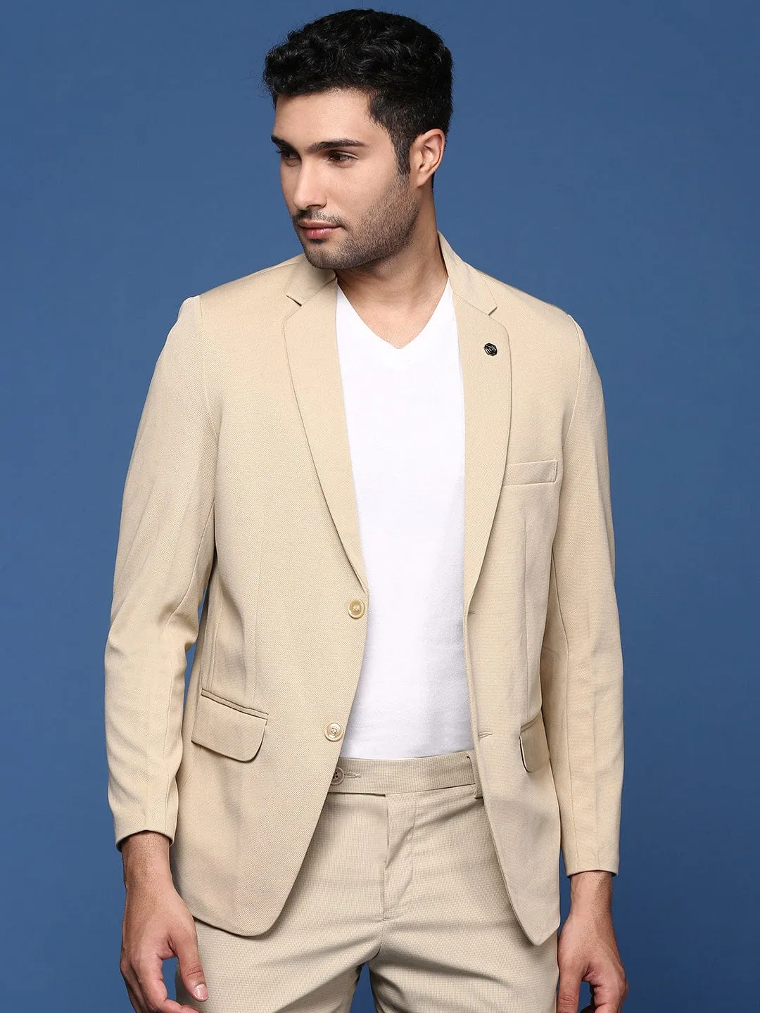 Men's Beige Slim Fit Single Breasted Cotton Blazer Elasticized Waist Packable Technology
