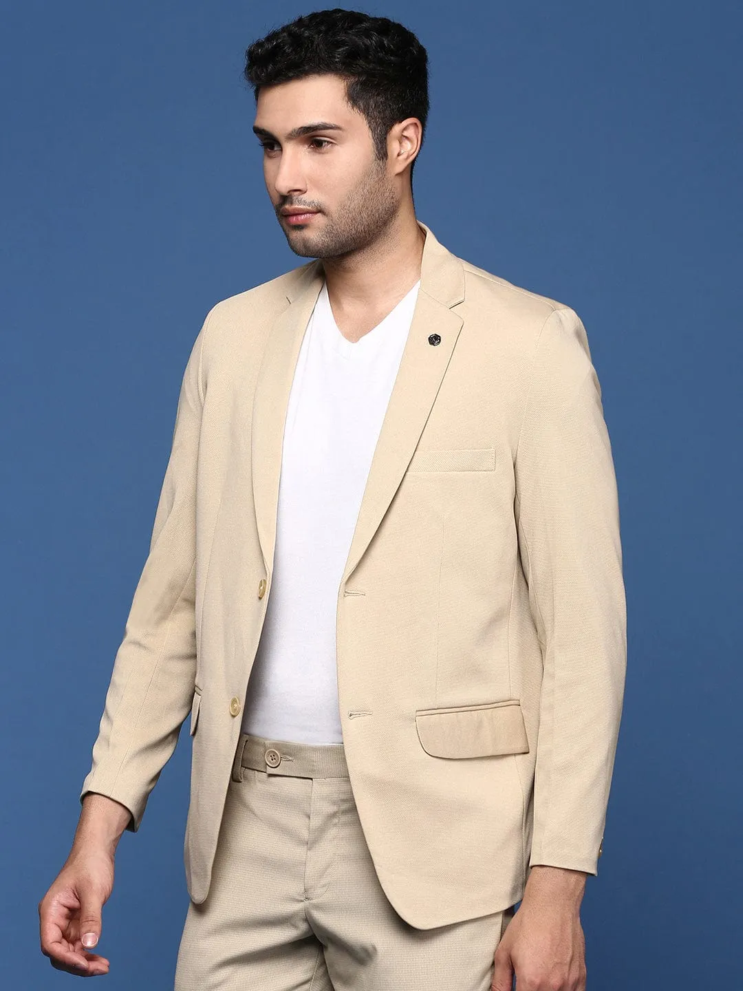 Dual Layer Insulation Men's Beige Slim Fit Single Breasted Cotton Blazer