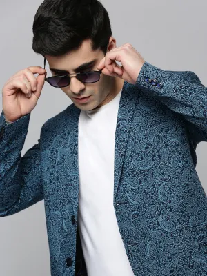 Men's Black Paisley Printed Slim-Fit Single Breasted Blazer Hooded style Hypoallergenic fabric
