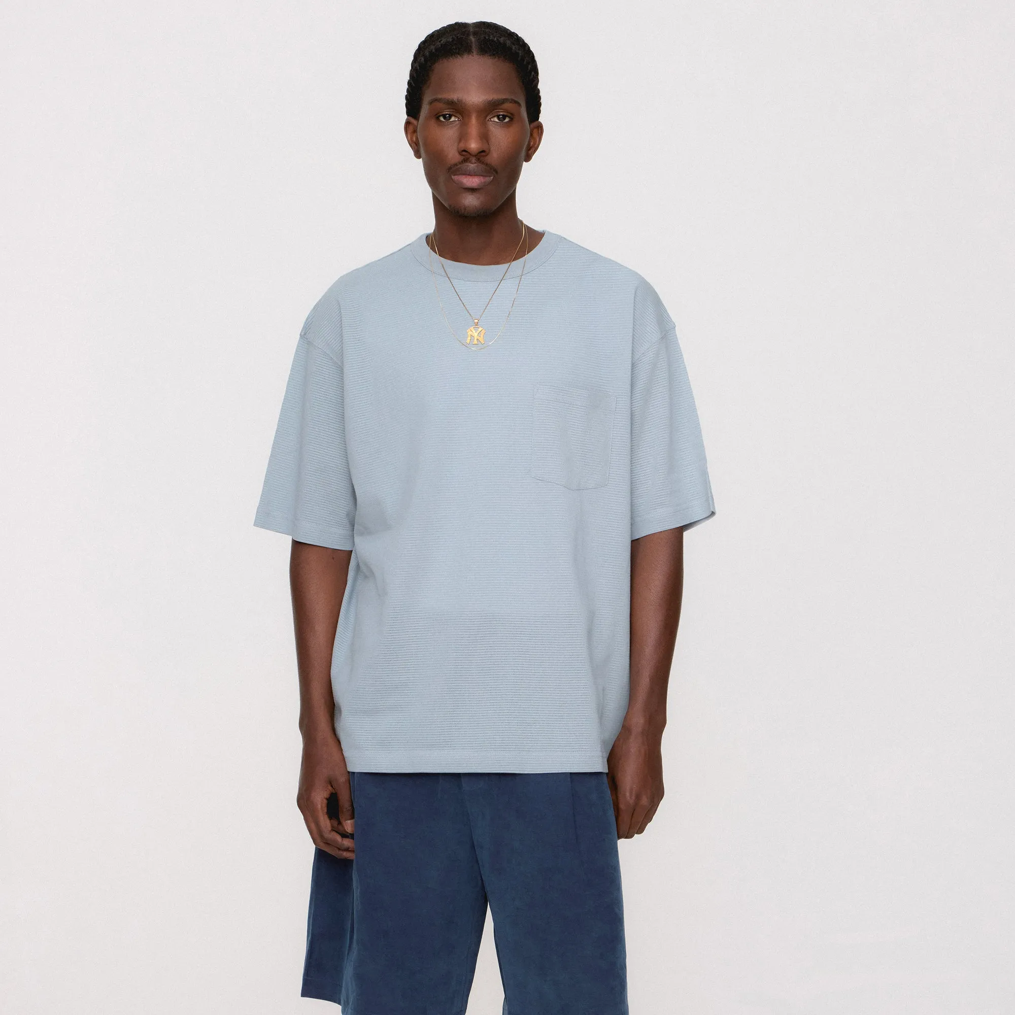 Kith Pointelle Mesh Leonard Pocket Tee - Light Indigo Casual Layer Look