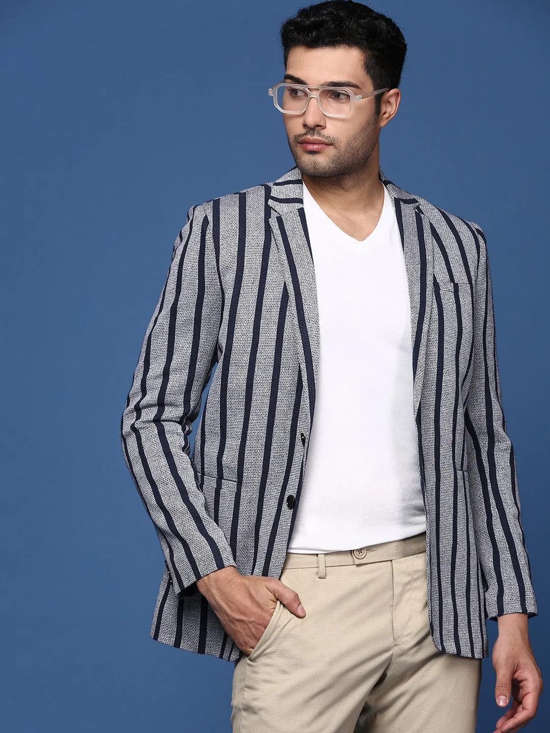 Formal Use Double Stitch Seams Men's Navy Blue Striped Notched Lapel Slim Fit Single Breasted Blazers