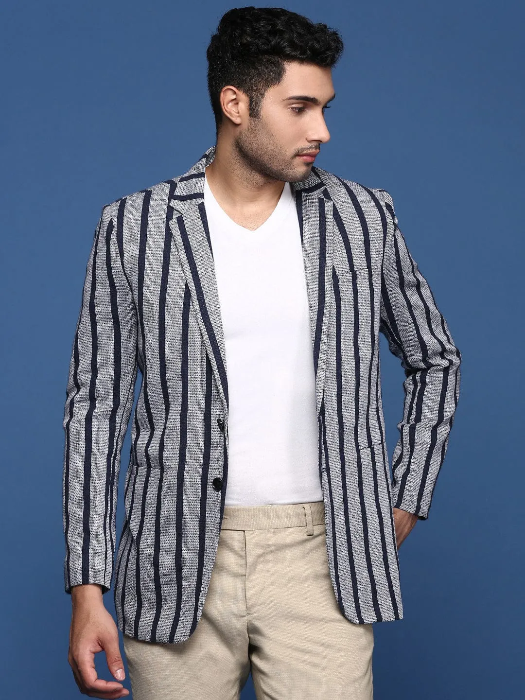 Men's Navy Blue Striped Notched Lapel Slim Fit Single Breasted Blazers Weatherproof Technology DoubleStitchSeams