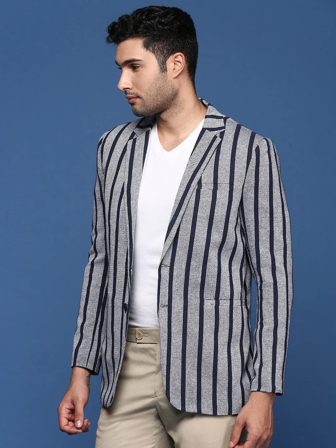 Men's Navy Blue Striped Notched Lapel Slim Fit Single Breasted Blazers Recycled Polyester Multi Purpose Layer