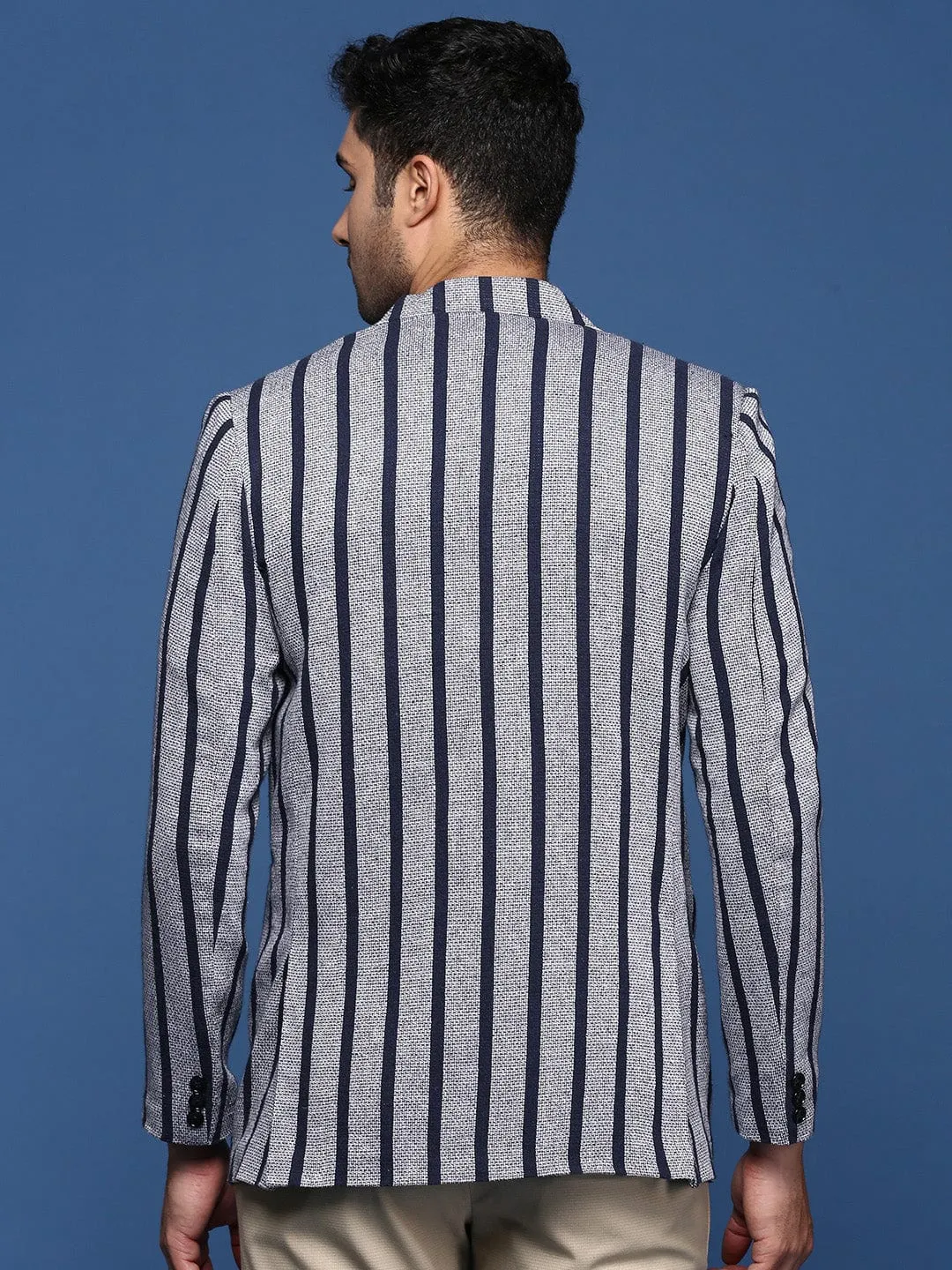 Easy Comfort Soft Weather Wear Men's Navy Blue Striped Notched Lapel Slim Fit Single Breasted Blazers