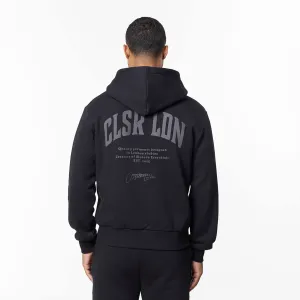 Durable Fabric Layered Varsity Relaxed Full Zip Hoodie | Off Black