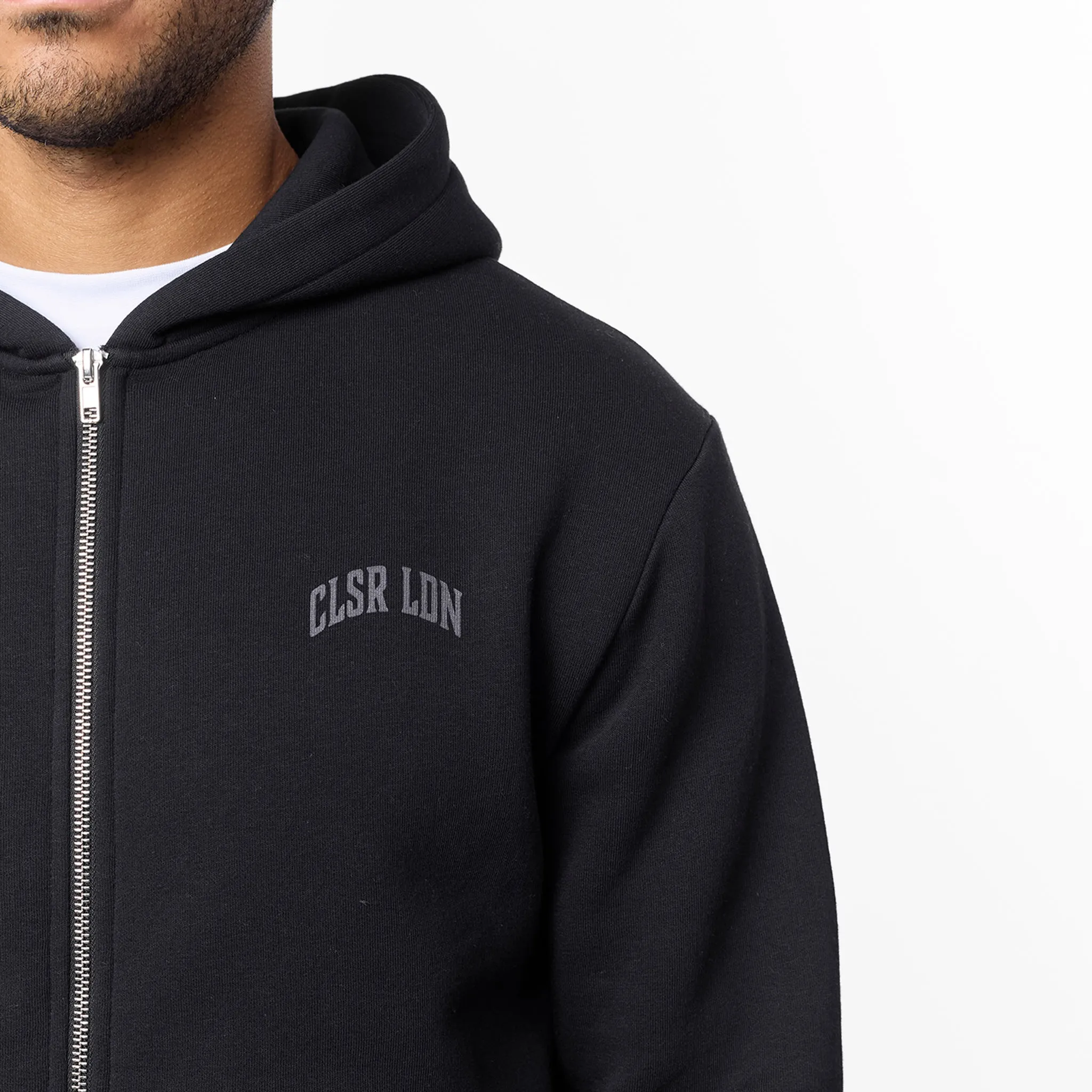 Layered Varsity Relaxed Full Zip Hoodie | Off Black appropriate for autumn
