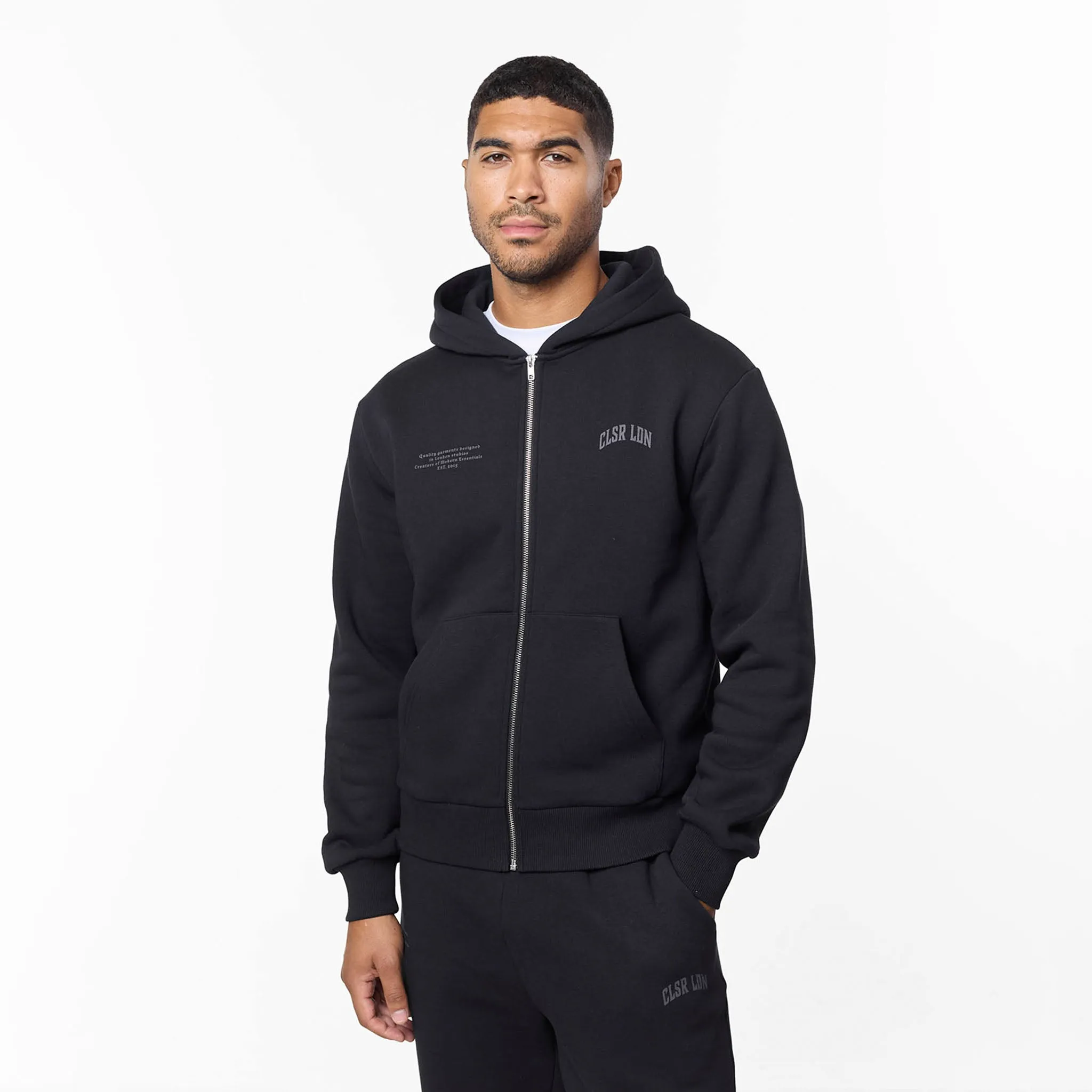 Comfy Apparel Layered Varsity Relaxed Full Zip Hoodie | Off Black