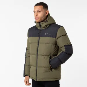 Thick Insulation Panelled Contrast Puffer Parka | Khaki