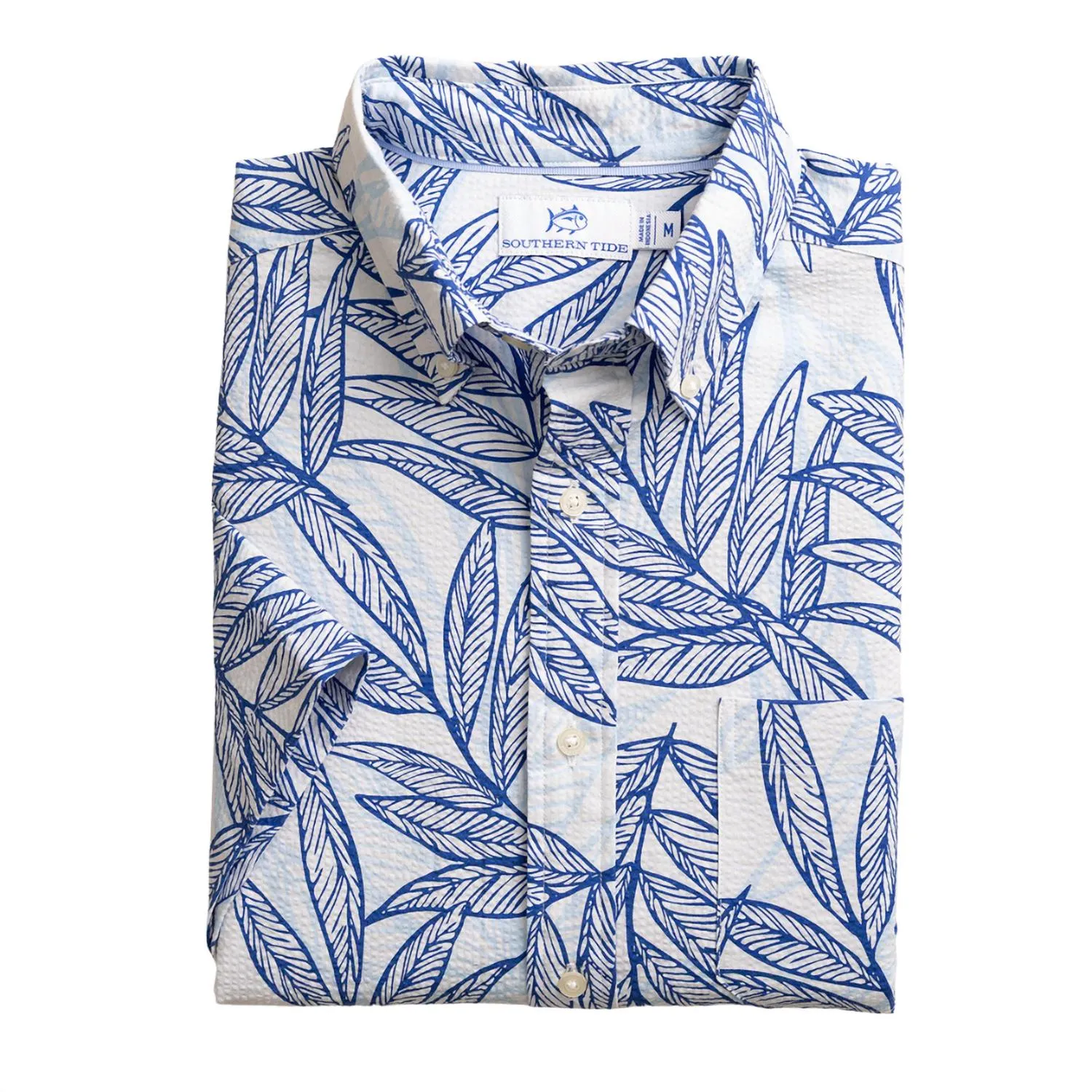 Creative Professional Ventilated Back Panel Men's Short Sleeve Blue Palms Seersucker Sportshirt In Blue Lolite