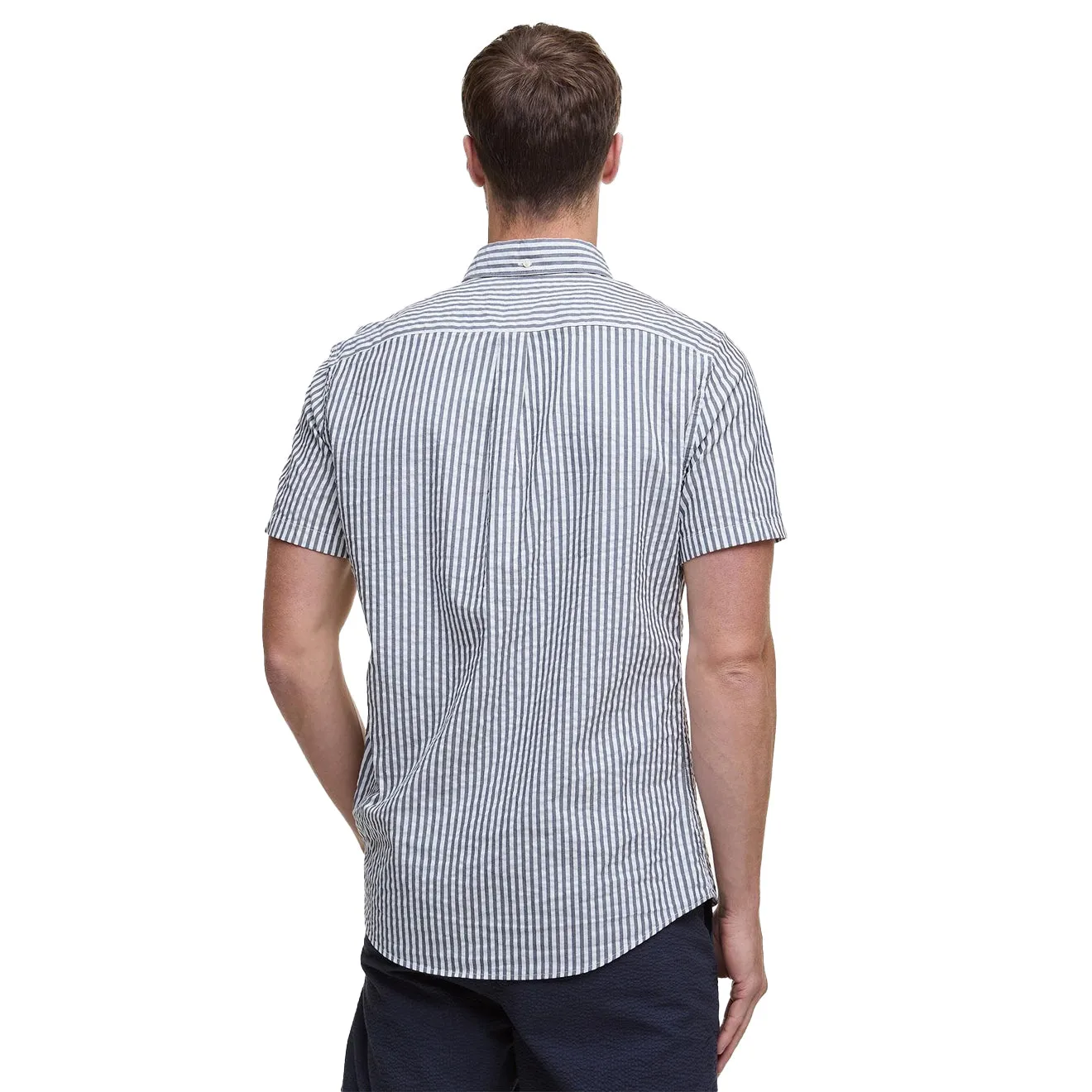 Barbour Cresswell Seersucker Summer Fit Shirt Navy Multipocket Style Outdoor Adventure