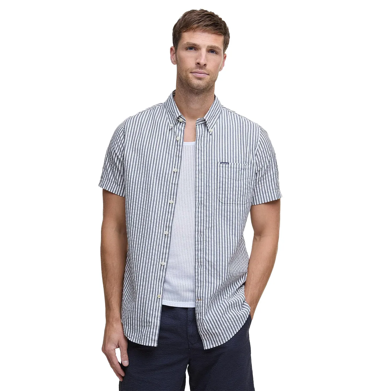 Barbour Cresswell Seersucker Summer Fit Shirt Navy Snag Free Surface