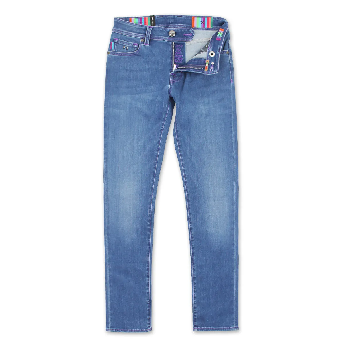 Tramarossa - Leonardo Slim 21E29 Purple Stitch Jeans in Mid Blue Clean Fit