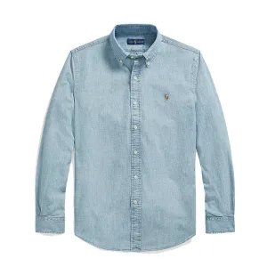 Non Restrictive Armhole Long Sleeve Polo Ralph Lauren Custom Fit Light Denim Shirt Chambray Blue
