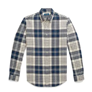 Versatile Layering Polo Ralph Lauren Custom Fit Plaid Brushed Flannel Shirt Off White/Navy