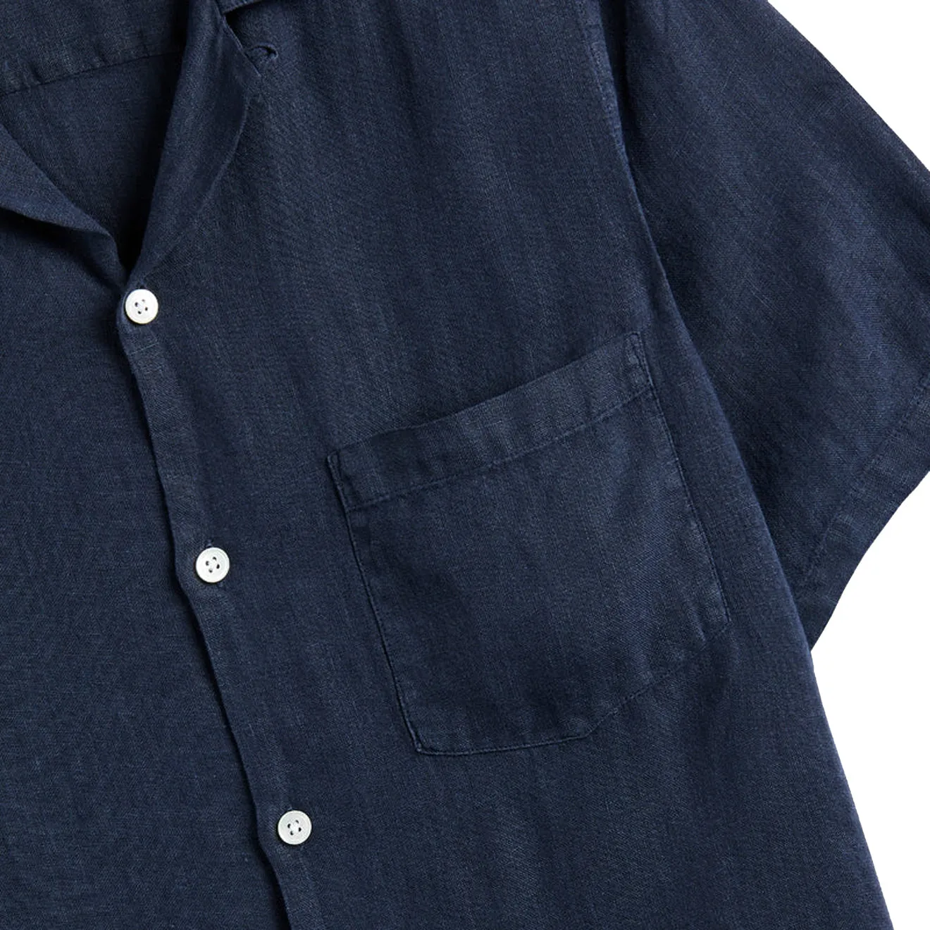 Slim Silhouette Portuguese Flannel Linen Camp Collar S/S shirt Navy