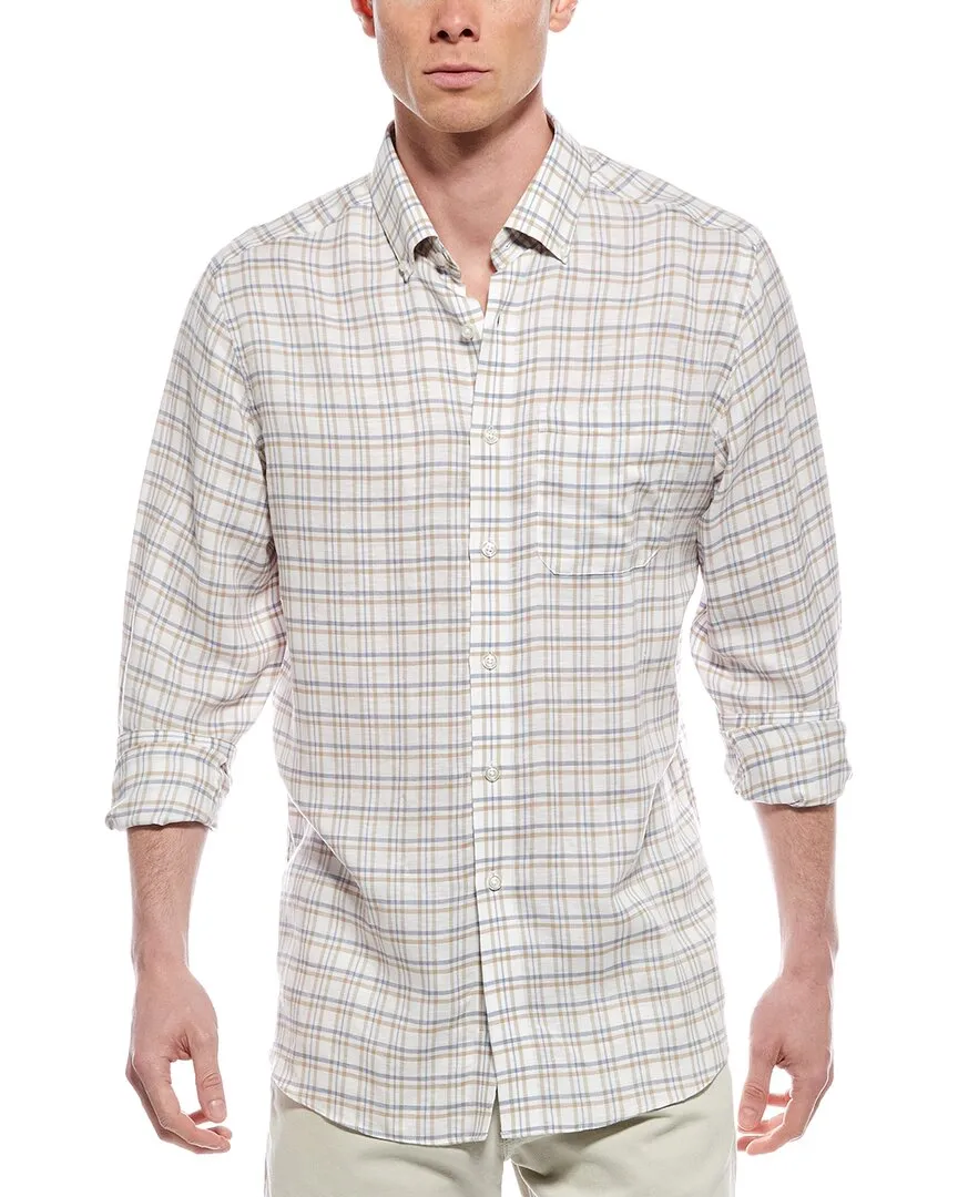 Button Down Design Scott Barber Coastal Plaid Linen-Blend Sport Shirt