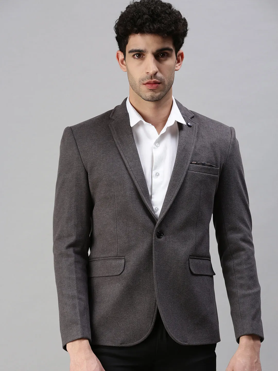 Comfortable Fabric Men's Grey Solid Slim-Fit Single-Breasted Blazer