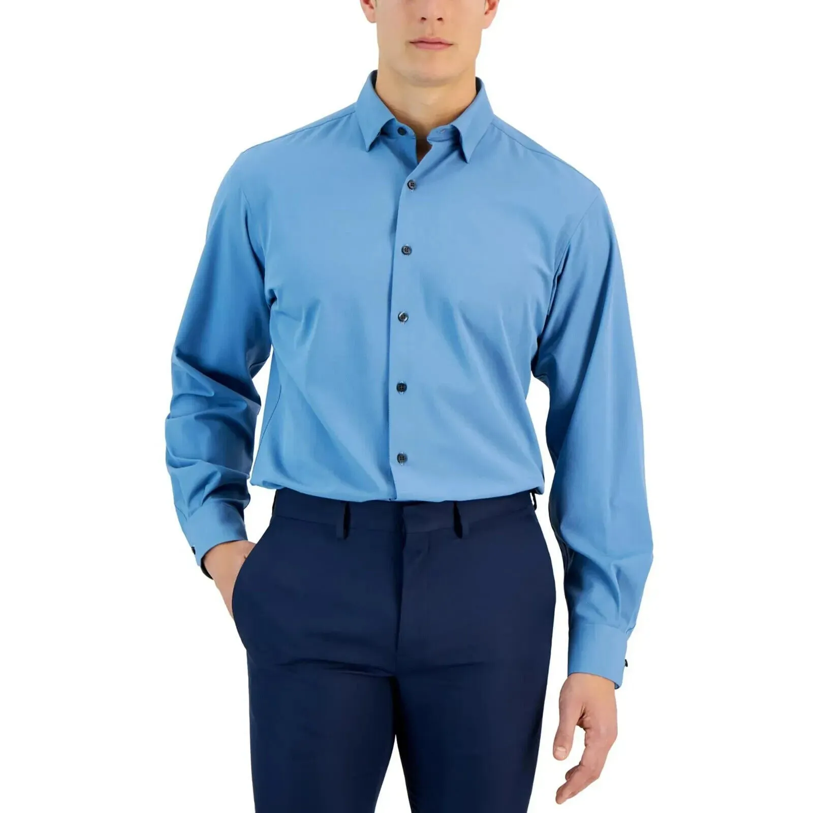 Alfani 1004659MN Dress Shirt Men's Blue Regular Fit Button-Up Collared KLSS93 Vibrant Hue Hidden Button Placket