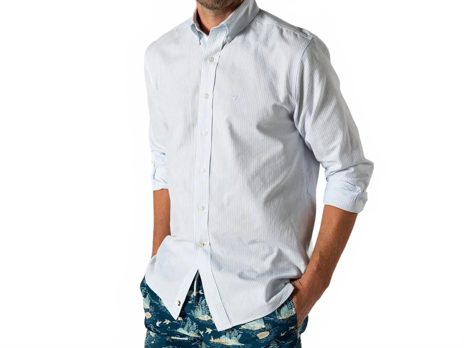 Collins Stripe Cotton Oxford Sport Shirt In Light Blue Timeless Design