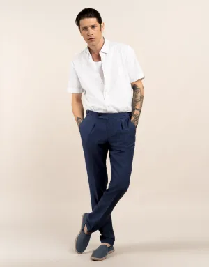 Rugged Fit HypoallergenicMaterial Evans Denim Blue Linen-Wool Blend Twill Trouser