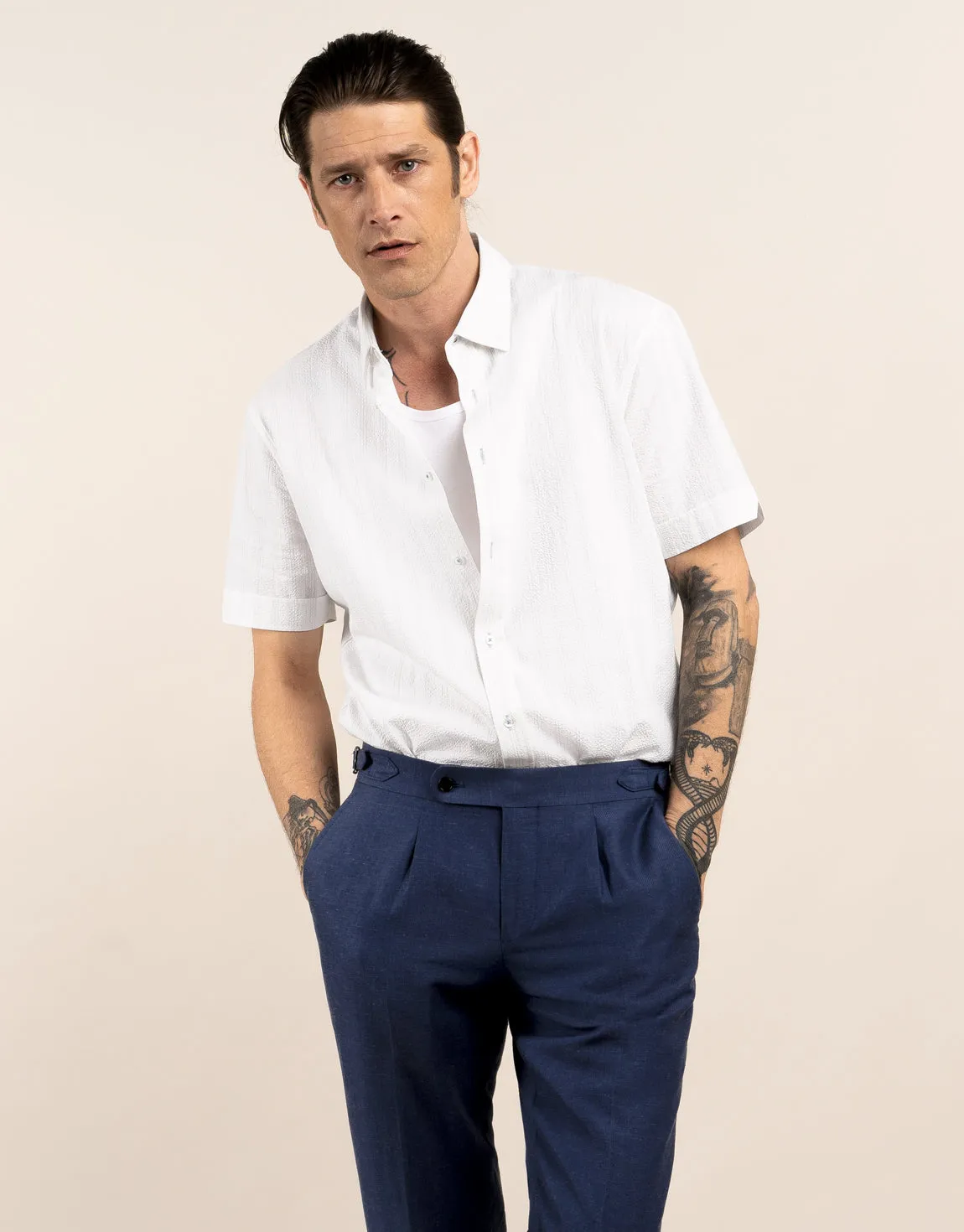 Supportive Waistband Evans Denim Blue Linen-Wool Blend Twill Trouser